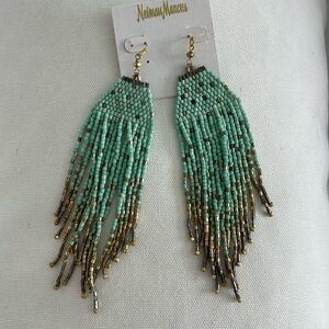 Neiman Marcus gorgeous long beaded earrings aqua/gold! NEW with tags!